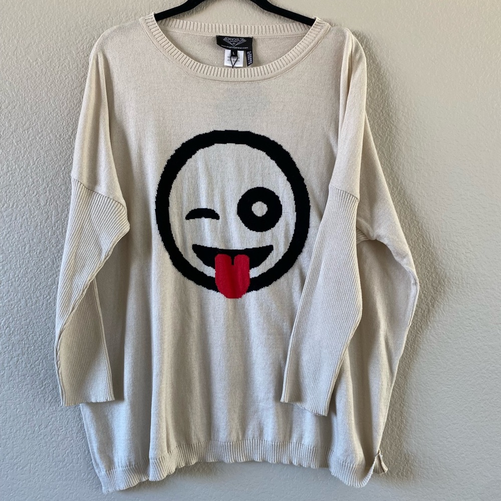 NWT Angel Apparel Cream Winking Tongue Emoji Sweater L